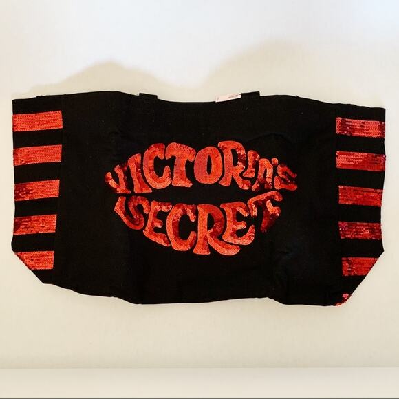 New Victoria Secrets Red & Black Lips Sequin Tote - Picture 3 of 6